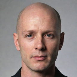 An image of a man with a perfectly bald, glossy head with no trace of hair. His facial features are pronounced and sharp, adding a sense of determination to his appearance.