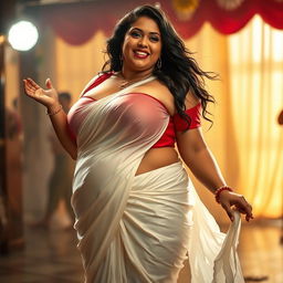 A voluptuous woman with big breasts, wearing a wet white silk saree that clings to her curves, and a vibrant red blouse