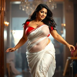 A voluptuous woman with big breasts, wearing a wet white silk saree that clings to her curves, and a vibrant red blouse