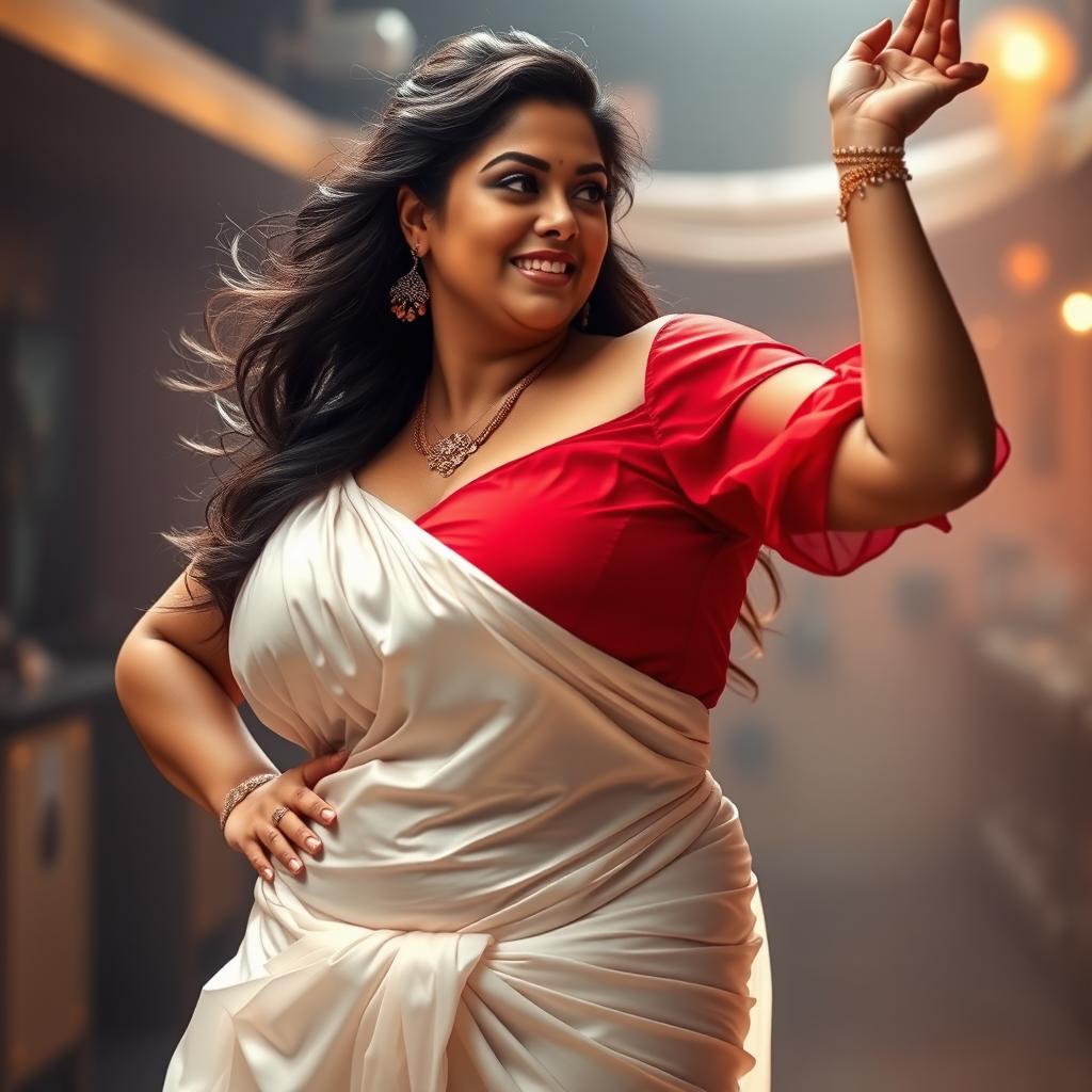 A voluptuous woman with big breasts, wearing a wet white silk saree that clings to her curves, and a vibrant red blouse