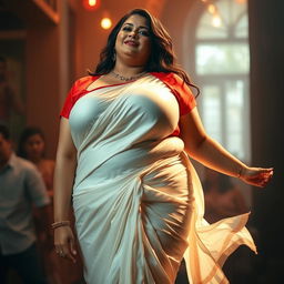 A voluptuous woman with big breasts, wearing a wet white silk saree that clings to her curves, and a vibrant red blouse