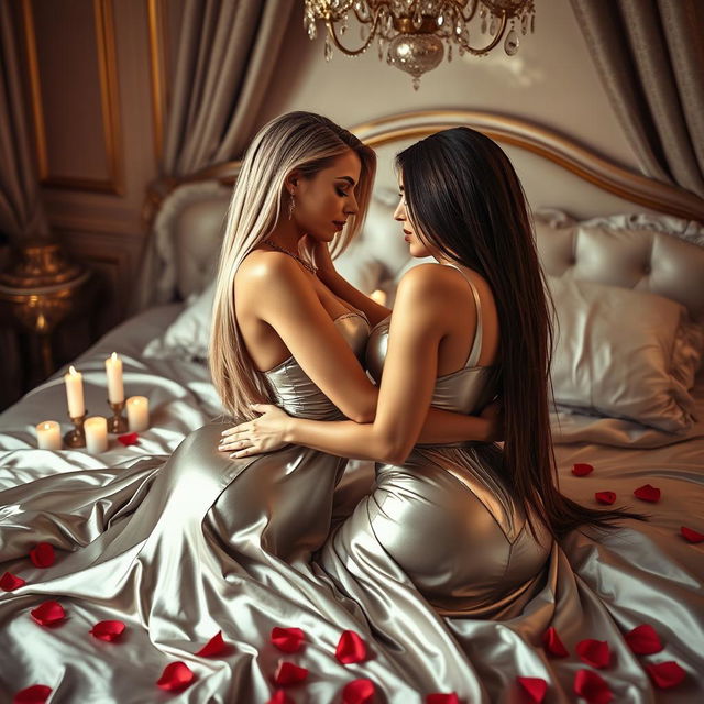 In a lavish Paris setting, two glamorous, big-breasted slim women are engaged in a passionate and lustful embrace