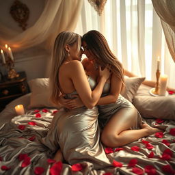 In a lavish Paris setting, two glamorous, big-breasted slim women are engaged in a passionate and lustful embrace