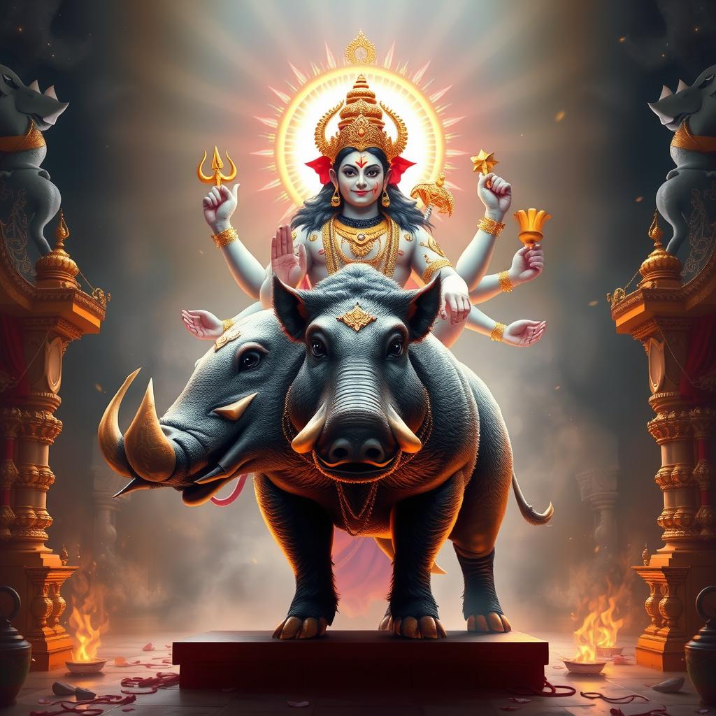 The mighty boar, Varaha Avatar of Lord Vishnu, stands majestically with a celestial aura