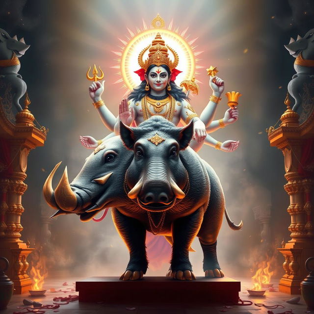 The mighty boar, Varaha Avatar of Lord Vishnu, stands majestically with a celestial aura