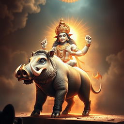 The mighty boar, Varaha Avatar of Lord Vishnu, stands majestically with a celestial aura