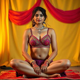 A woman embodying the spirit of India, wearing a culturally rich and colorful Indian-style bralette with intricate patterns, sitting gracefully with her legs crossed