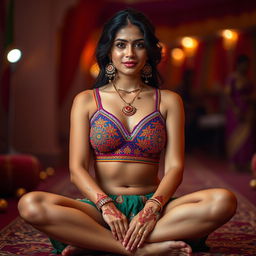 A woman embodying the spirit of India, wearing a culturally rich and colorful Indian-style bralette with intricate patterns, sitting gracefully with her legs crossed