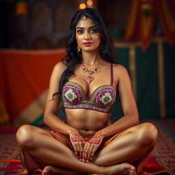 A woman embodying the spirit of India, wearing a culturally rich and colorful Indian-style bralette with intricate patterns, sitting gracefully with her legs crossed