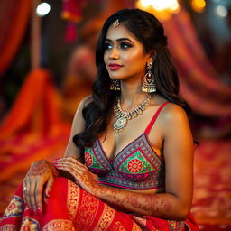 A woman embodying the spirit of India, wearing a culturally rich and colorful Indian-style bralette with intricate patterns, sitting gracefully with her legs crossed