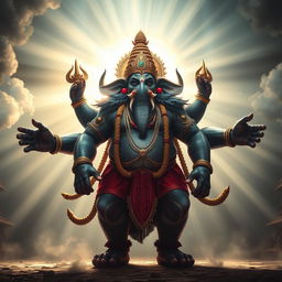 The majestic Varaha Avatar of Lord Vishnu stands proudly, illuminated by Vishnu’s radiant and eternal form shining brilliantly behind him