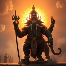 The majestic Varaha Avatar of Lord Vishnu stands proudly, illuminated by Vishnu’s radiant and eternal form shining brilliantly behind him