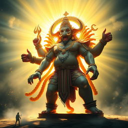 The majestic Varaha Avatar of Lord Vishnu stands proudly, illuminated by Vishnu’s radiant and eternal form shining brilliantly behind him