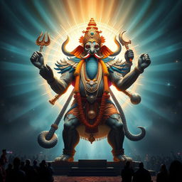 The majestic Varaha Avatar of Lord Vishnu stands proudly, illuminated by Vishnu’s radiant and eternal form shining brilliantly behind him