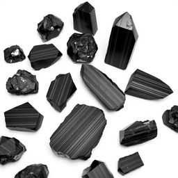 A striking assortment of Black Tourmaline crystals, featuring both raw and polished forms, displayed on a pure white backdrop