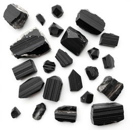 A striking assortment of Black Tourmaline crystals, featuring both raw and polished forms, displayed on a pure white backdrop