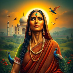 A captivating and vibrant depiction of "Mama India" personified as a nurturing and majestic figure