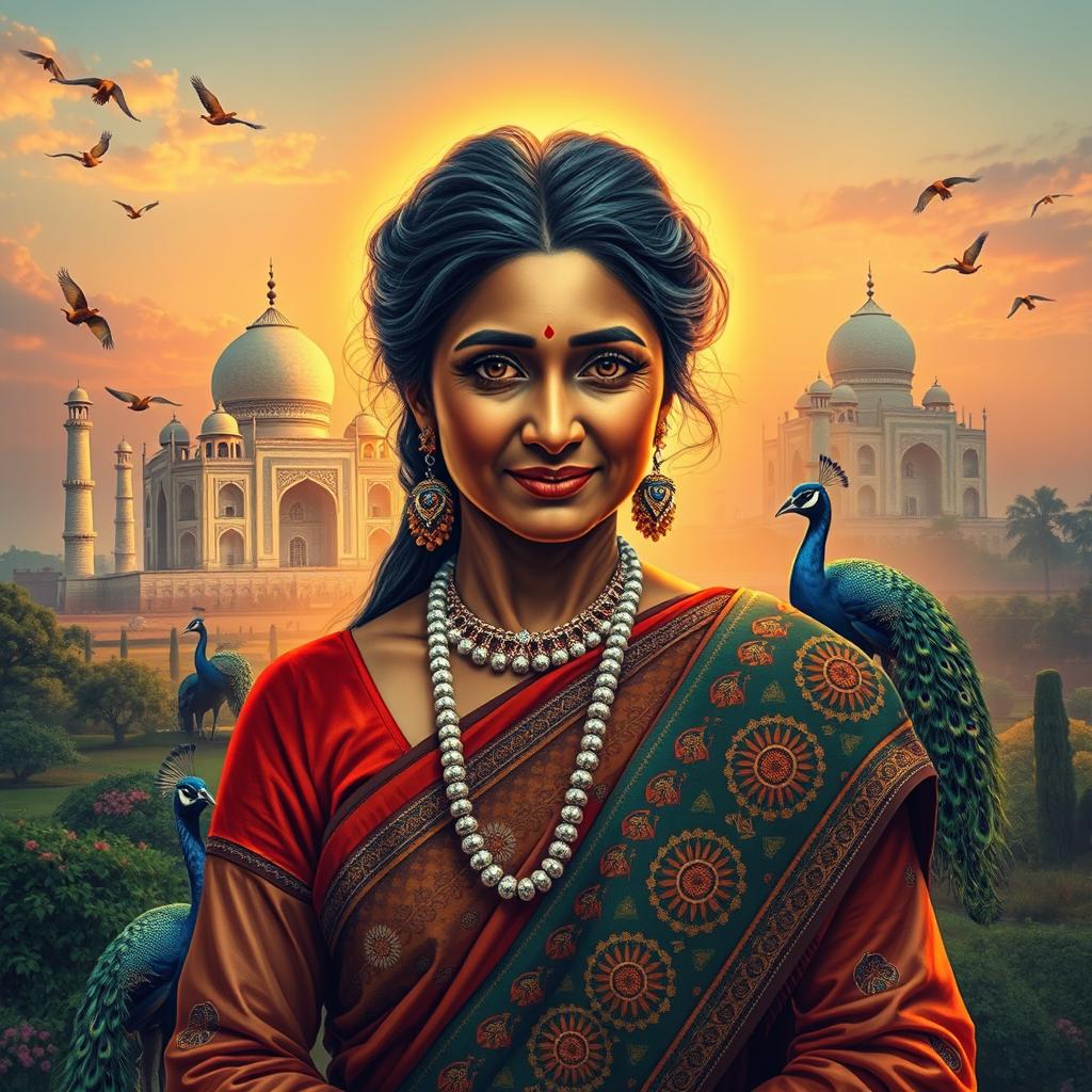 A captivating and vibrant depiction of "Mama India" personified as a nurturing and majestic figure