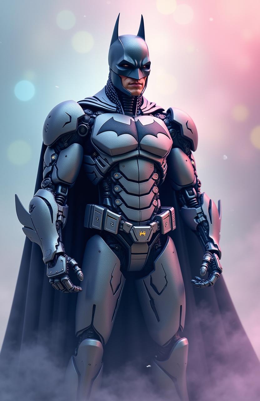 A futuristic interpretation of Batman as a robot, posed heroically against a soft pastel background