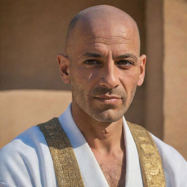 A captivating portrait of an Egyptian man, distinctively bald. His cultural background is evident through his attire and the noble air that adds grace to his sharp features.