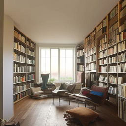 A well-lit, spacious room filled with stylish furniture, shelves filled with books, and a large picture window. The room has a warm, inviting atmosphere.