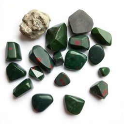 A striking collection of Bloodstone crystals, featuring both raw and polished forms, arranged on a pure white backdrop