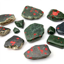 A striking collection of Bloodstone crystals, featuring both raw and polished forms, arranged on a pure white backdrop