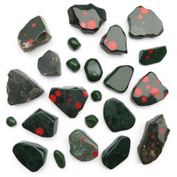 A striking collection of Bloodstone crystals, featuring both raw and polished forms, arranged on a pure white backdrop