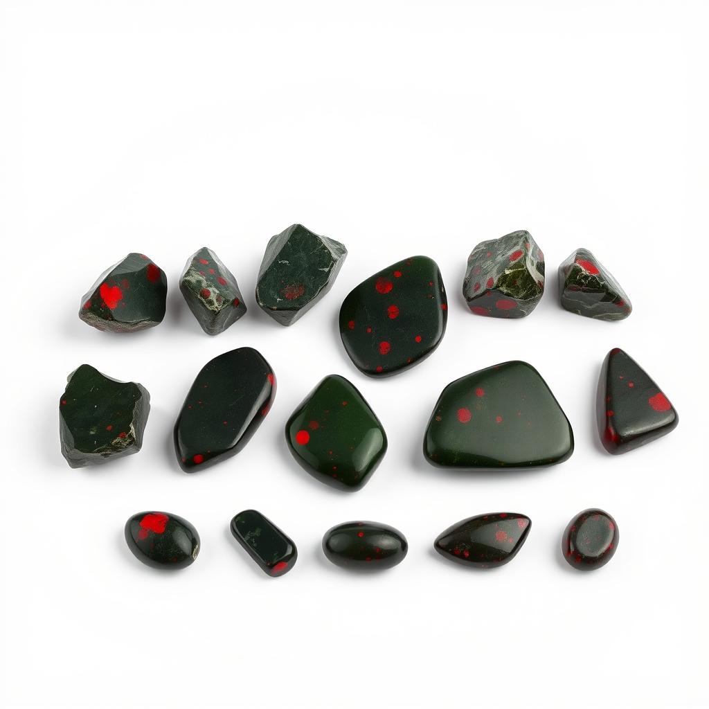 A stunning array of Bloodstone crystals, showcasing both raw and polished forms, arranged on a pristine white backdrop