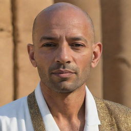 A captivating portrait of an Egyptian man, distinctively bald. His cultural background is evident through his attire and the noble air that adds grace to his sharp features.