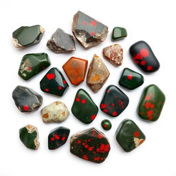 A stunning array of Bloodstone crystals, showcasing both raw and polished forms, arranged on a pristine white backdrop