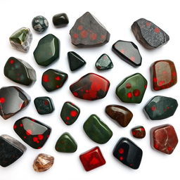 A stunning array of Bloodstone crystals, showcasing both raw and polished forms, arranged on a pristine white backdrop