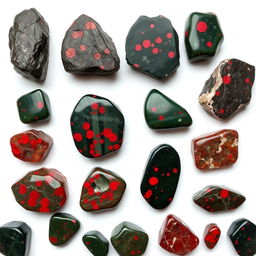 A stunning array of Bloodstone crystals, showcasing both raw and polished forms, arranged on a pristine white backdrop