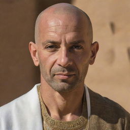 A captivating portrait of an Egyptian man, distinctively bald. His cultural background is evident through his attire and the noble air that adds grace to his sharp features.