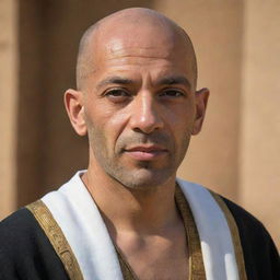 A captivating portrait of an Egyptian man, distinctively bald. His cultural background is evident through his attire and the noble air that adds grace to his sharp features.