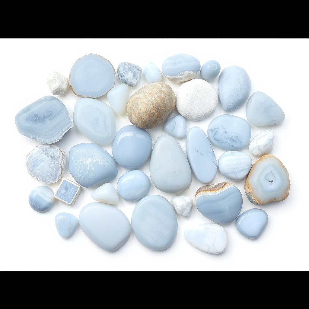 A beautiful array of Blue Lace Agate stones, showcasing both raw and polished forms, set against a pure white backdrop