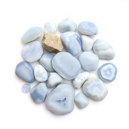 A beautiful array of Blue Lace Agate stones, showcasing both raw and polished forms, set against a pure white backdrop