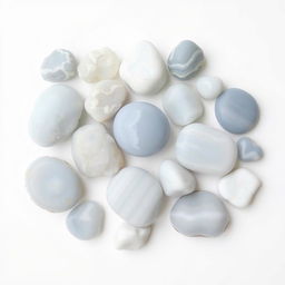 A beautiful array of Blue Lace Agate stones, showcasing both raw and polished forms, set against a pure white backdrop