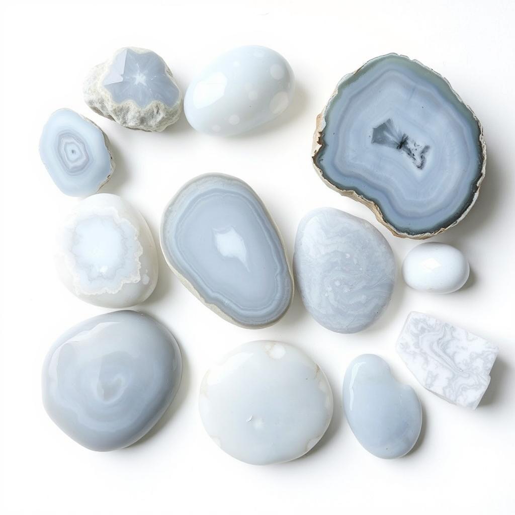 A beautiful array of Blue Lace Agate stones, showcasing both raw and polished forms, set against a pure white backdrop