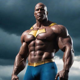 An imposing image of a powerful, muscular superhero, with a prominent bald head shining like a beacon. The hero stands tall, showcasing his impressive build before a dramatic sky.