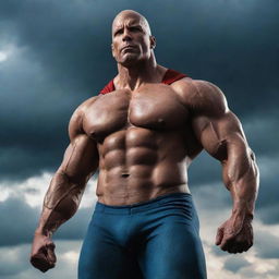 An imposing image of a powerful, muscular superhero, with a prominent bald head shining like a beacon. The hero stands tall, showcasing his impressive build before a dramatic sky.