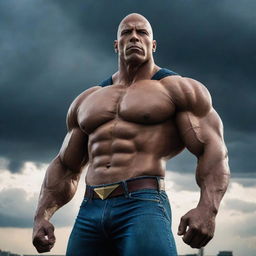 An imposing image of a powerful, muscular superhero, with a prominent bald head shining like a beacon. The hero stands tall, showcasing his impressive build before a dramatic sky.