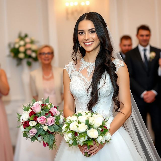 A beautiful Russian woman, who is also a gymnast, at her wedding