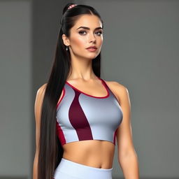 A beautiful Russian woman who is a gymnast with long dark hair styled elegantly, reaching down to her waist