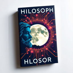 book cover design featuring the faces of philosophers and a silhouette of the moon enveloped in technology using bright colors