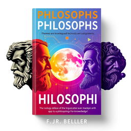 book cover design featuring the faces of philosophers and a silhouette of the moon enveloped in technology using bright colors