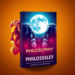 book cover design featuring the faces of philosophers and a silhouette of the moon enveloped in technology using bright colors