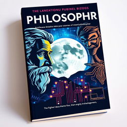 book cover design featuring the faces of philosophers and a silhouette of the moon enveloped in technology using bright colors