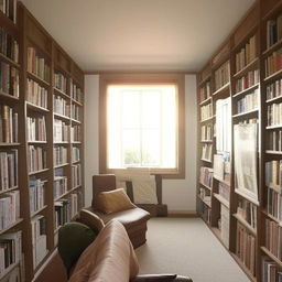 A well-lit, spacious room filled with stylish furniture, shelves filled with books, and a large picture window. The room has a warm, inviting atmosphere.