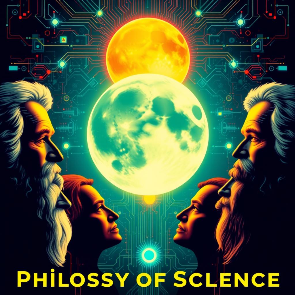 book cover for philosophy of science featuring faces of famous philosophers and a silhouette of the moon wrapped in technological elements using bright, vivid colors